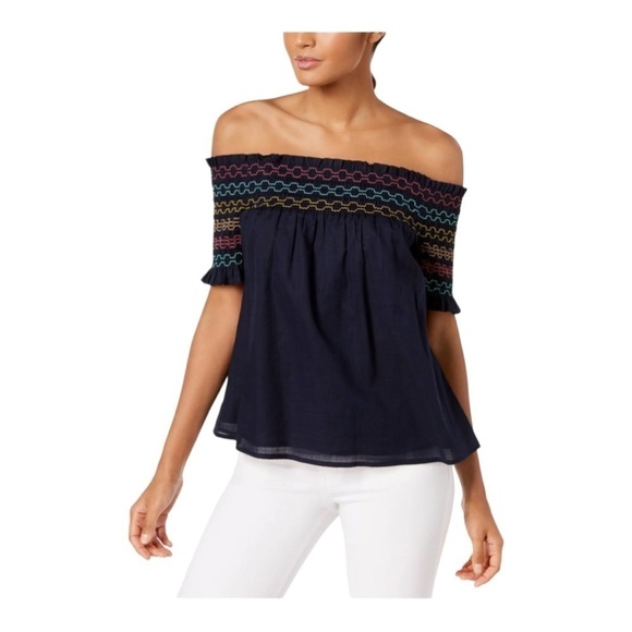 Trina Turk Smocked Embroidered Off the Shoulder Blouse - Picture 1 of 7